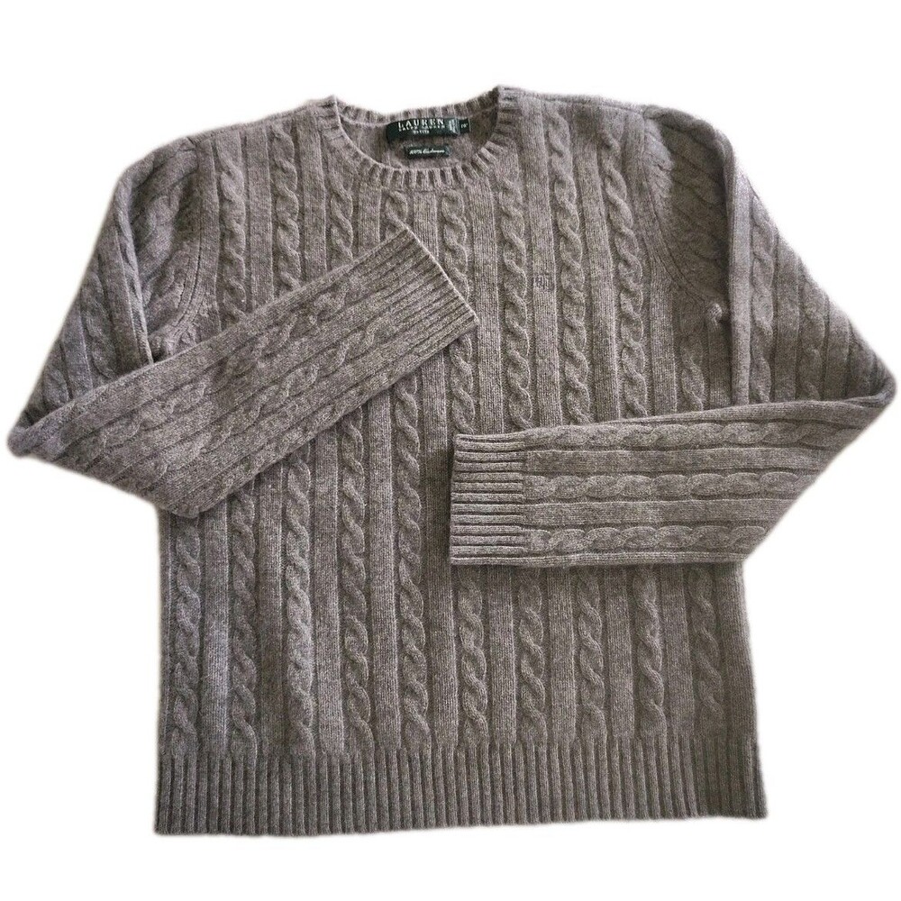 Lauren Ralph Lauren Petite P/P 100% Cashmere Cable Knit Sweater Gray Hand Wash